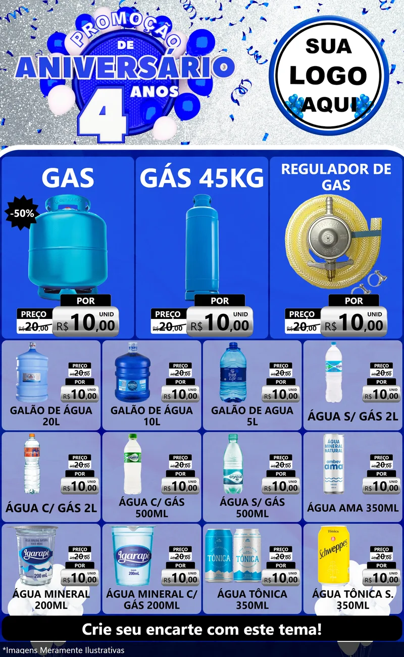 Modelo de Encarte para Encarte Grande com o tema Promoção de Aniversário - 4 Anos para Água e gás