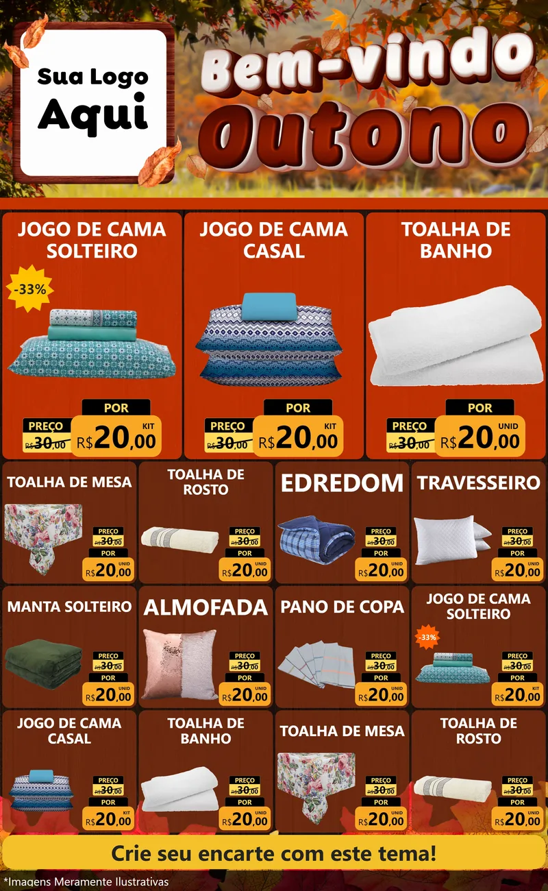 Modelo de Encarte para Encarte Grande com o tema Bem-vindo Outono para Cama, Mesa e Banho