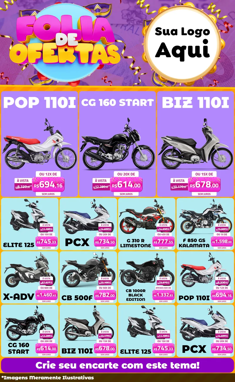 Modelo de Encarte para Encarte Grande com o tema Folia de Ofertas para Concessionaria de Motos