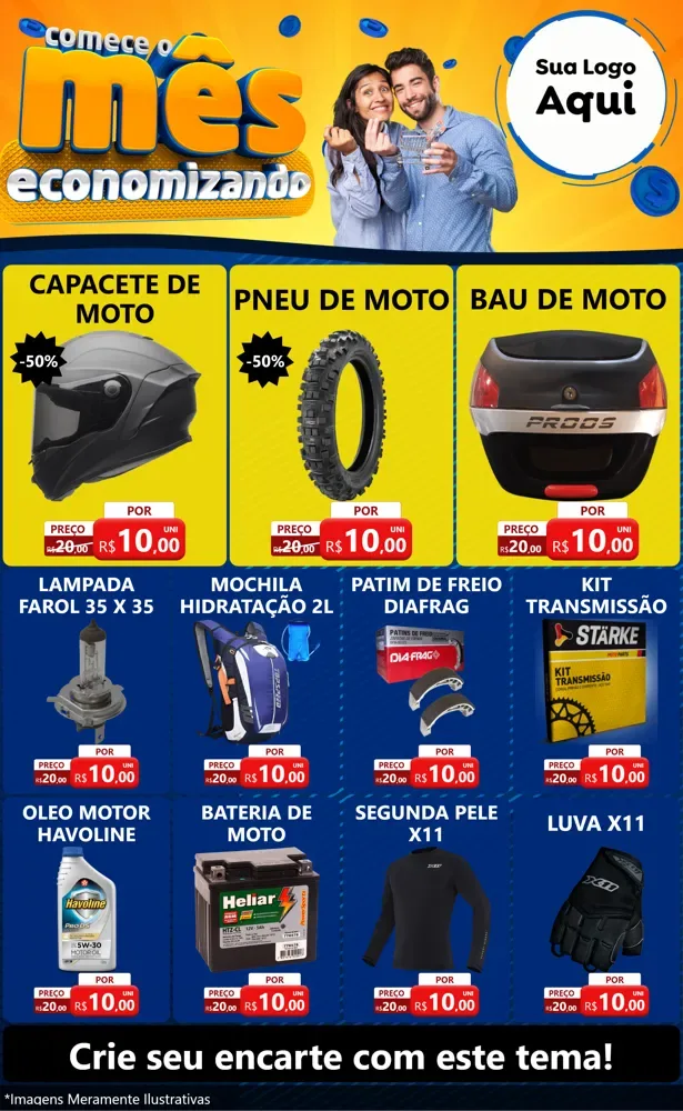 Modelo de Encarte para Encarte Grande com o tema Comece O Mês Economizando para Moto peças