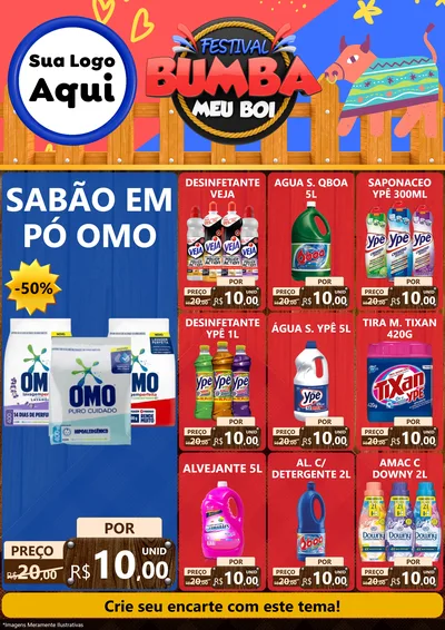 Modelo de Encarte para Encarte A4 Vertical com o tema Festival Bumba Meu Boi para Produtos de Limpeza