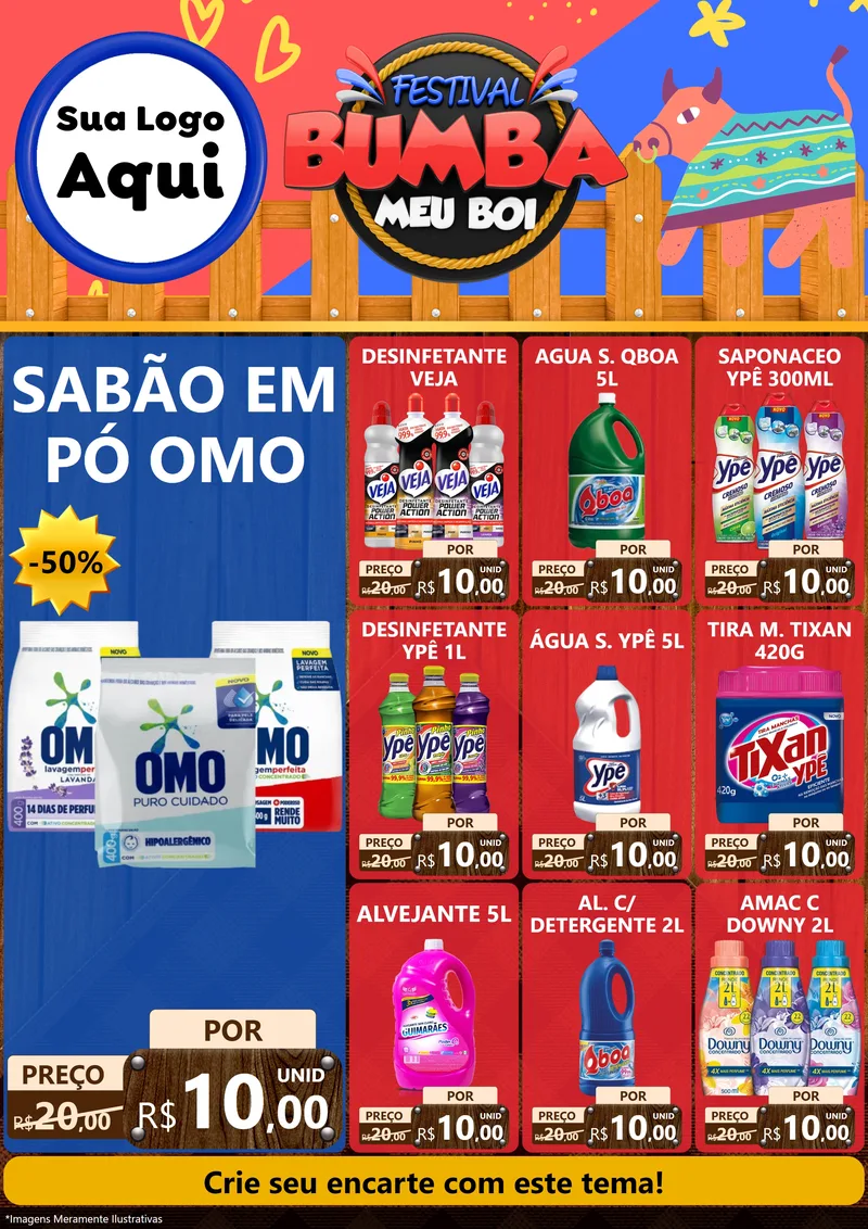 Modelo de Encarte para Encarte A4 Vertical com o tema Festival Bumba Meu Boi para Produtos de Limpeza
