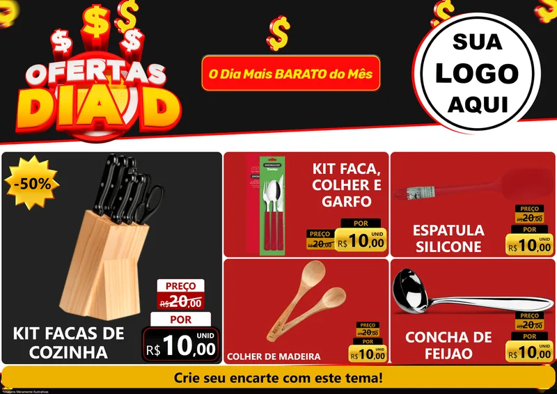 Modelo de Encarte para Encarte A4 Horizontal com o tema Ofertas Dia D para Utilidades Domésticas