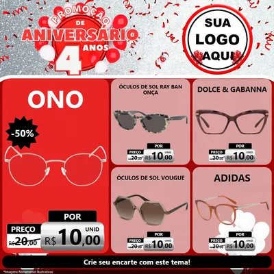 Modelo de Rede Social para Feed Facebook com o tema Promoção de Aniversário - 4 Anos para Óticas