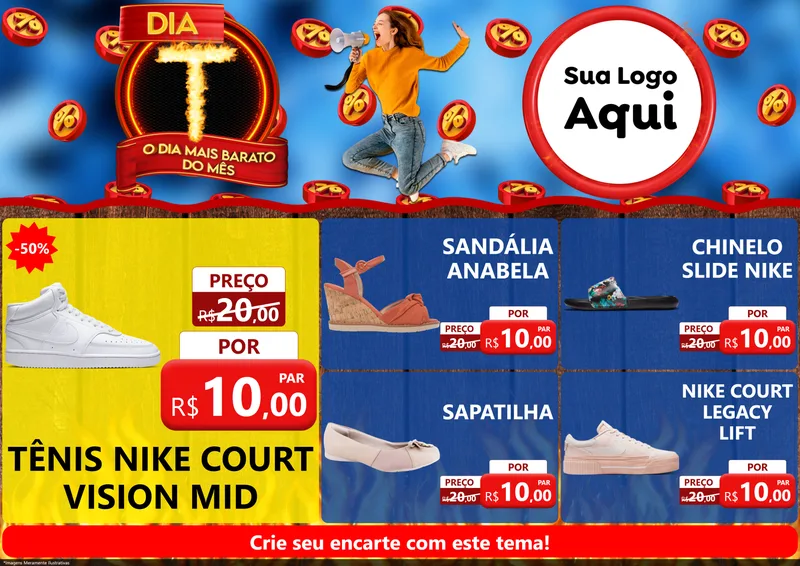 Modelo de Encarte para Encarte A4 Horizontal com o tema Dia T - O Dia Mais Barato Do Mês para Calçados