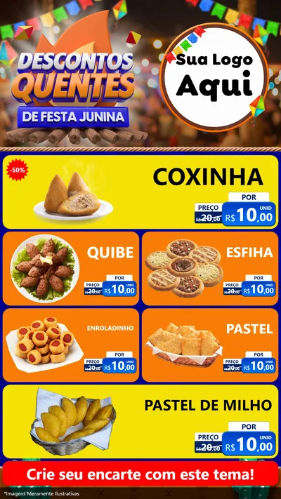 Modelo de TV para TV Vertical com o tema Descontos Quentes de Festa Junina para Salgadaria