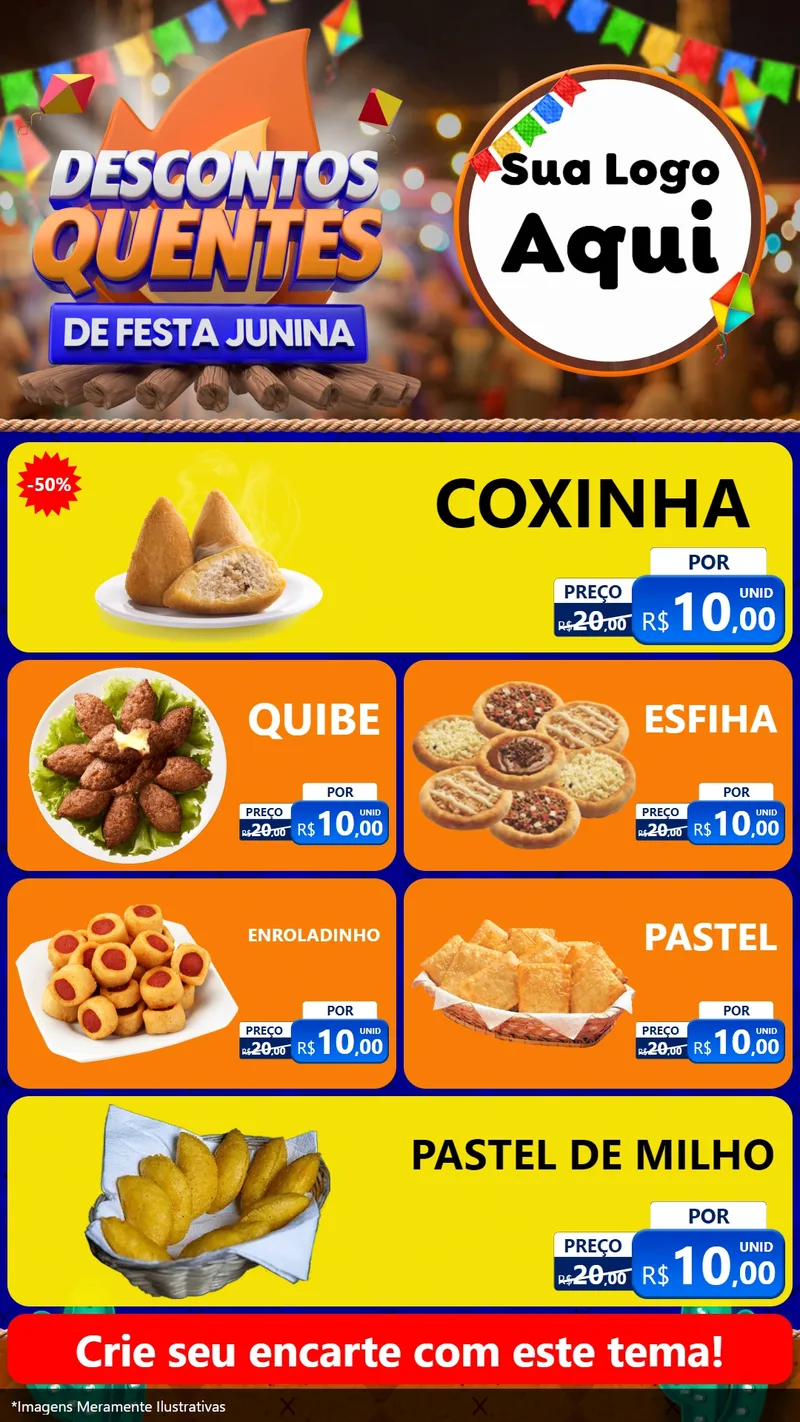 Modelo de TV para TV Vertical com o tema Descontos Quentes de Festa Junina para Salgadaria