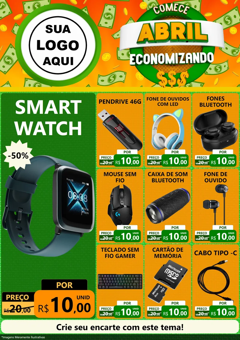 Modelo de Encarte para Encarte A4 Vertical com o tema Comece Abril Economizando para Informática