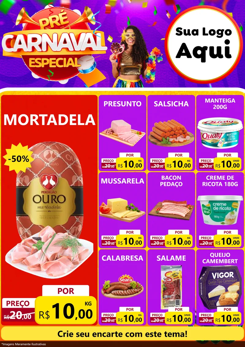 Modelo de Encarte para Encarte A4 Vertical com o tema Pré-Carnaval Especial para Frios e Laticínios
