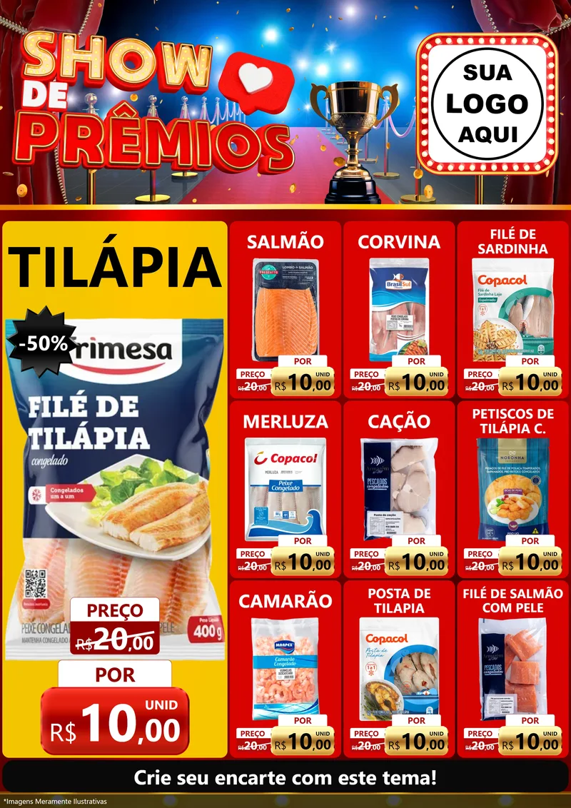 Modelo de Encarte para Encarte A4 Vertical com o tema Show de Prêmios para Peixaria