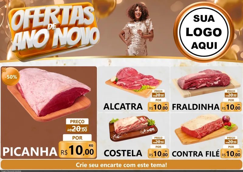 Modelo de Encarte para Encarte A4 Horizontal com o tema Ofertas de Ano Novo para Açougue