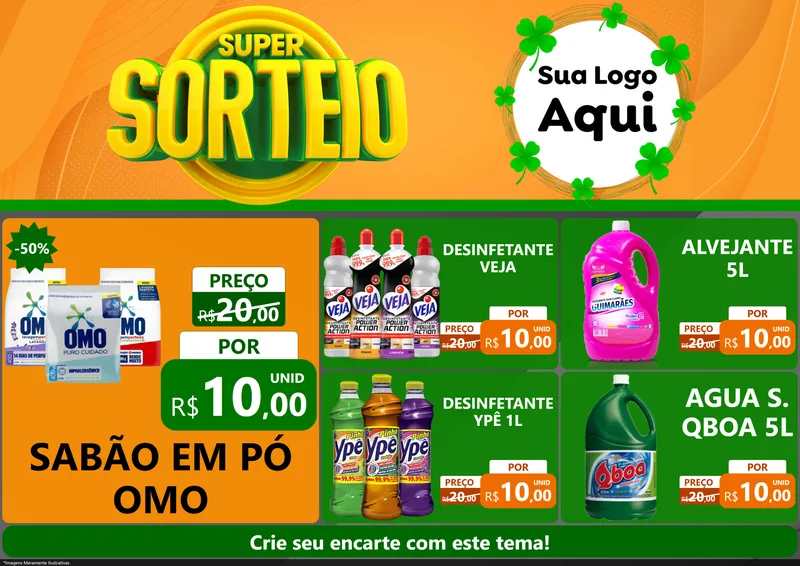 Modelo de Encarte para Encarte A4 Horizontal com o tema Super Sorteio para Produtos de Limpeza