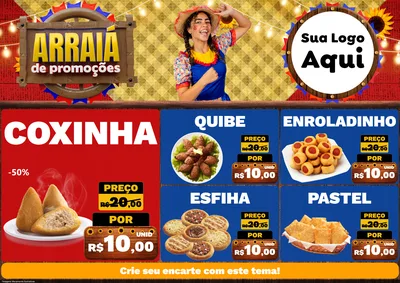 Modelo de Encarte para Encarte A4 Horizontal com o tema Arraiá de Promoções para Salgadaria