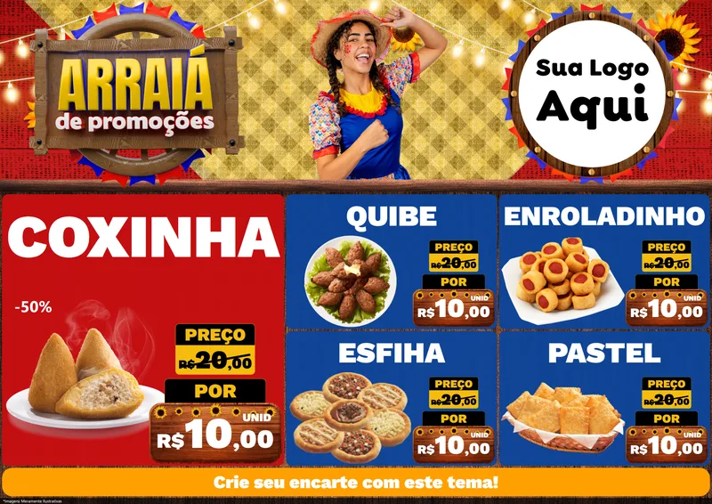 Modelo de Encarte para Encarte A4 Horizontal com o tema Arraiá de Promoções para Salgadaria