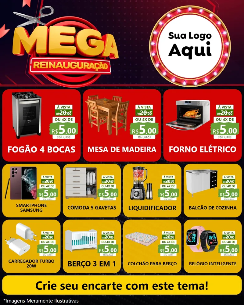 Modelo de Rede Social para Feed Instagram com o tema Mega Reinauguração para Móveis e Eletro
