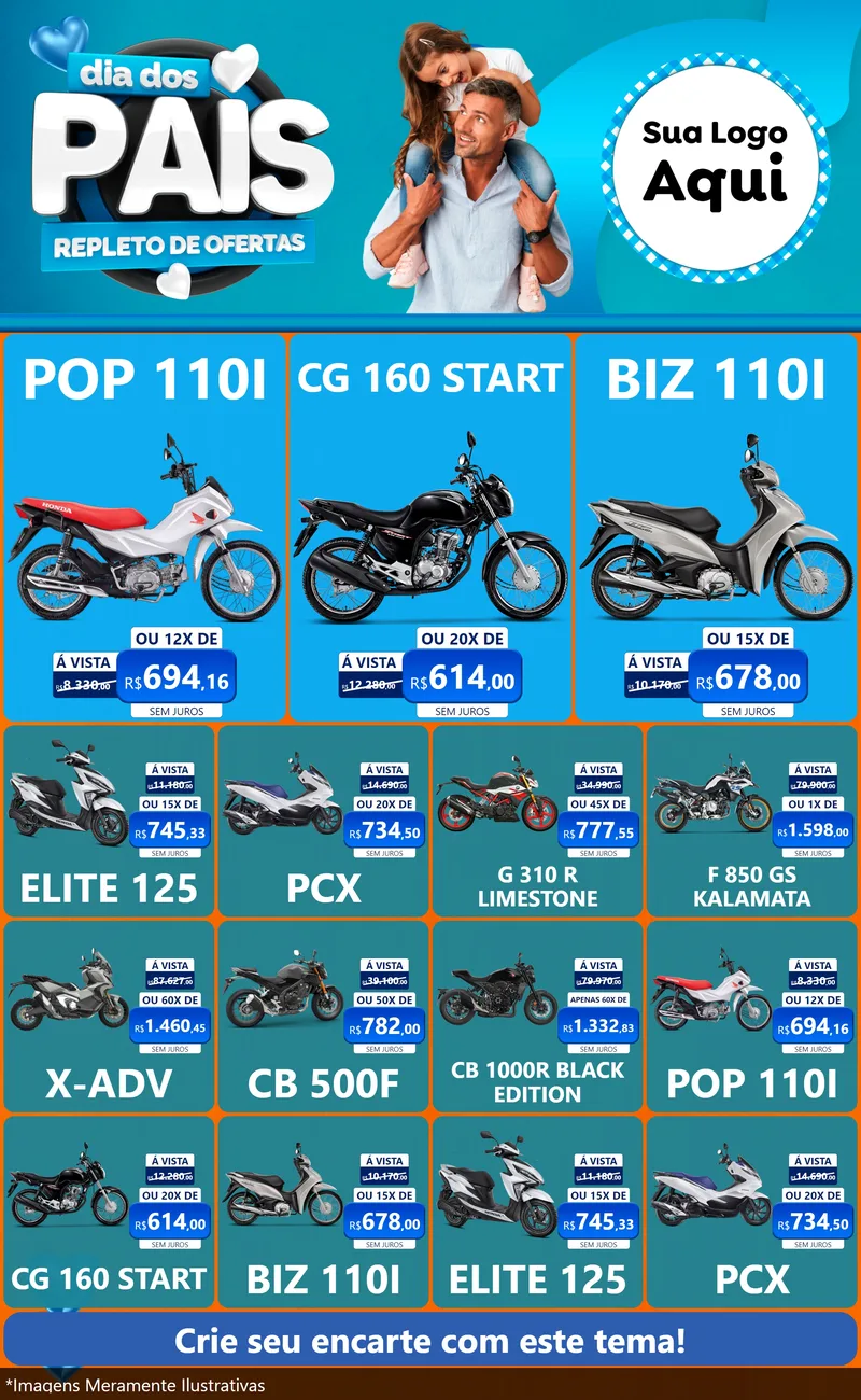 Modelo de Encarte para Encarte Grande com o tema Dia Dos Pais Repleto de Ofertas para Concessionaria de Motos