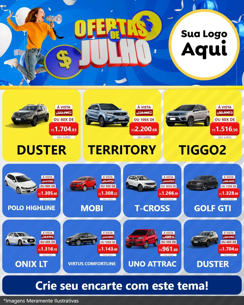 Modelo de Rede Social para Feed Instagram com o tema Ofertas de Julho para Concessionaria de Carros