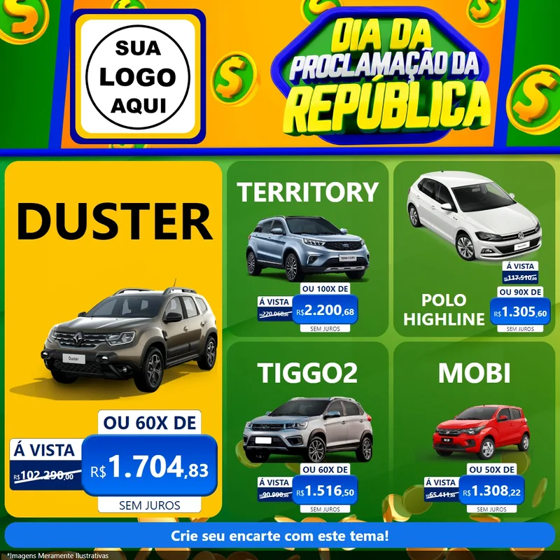 Modelo de Rede Social para Feed Facebook com o tema Dia Da Proclamação da República para Concessionaria de Carros