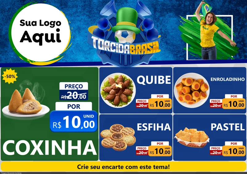 Modelo de Encarte para Encarte A4 Horizontal com o tema Torcida Brasil - Copa para Salgadaria