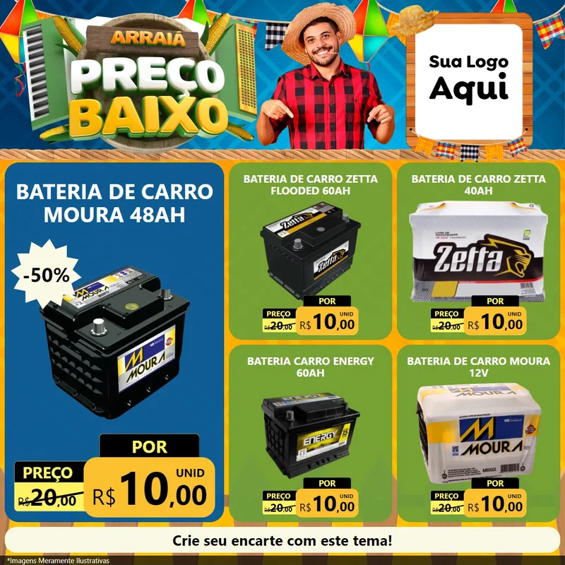 Modelo de Rede Social para Feed Facebook com o tema Arraiá de Preço Baixo - Junina para Baterias Elétricas
