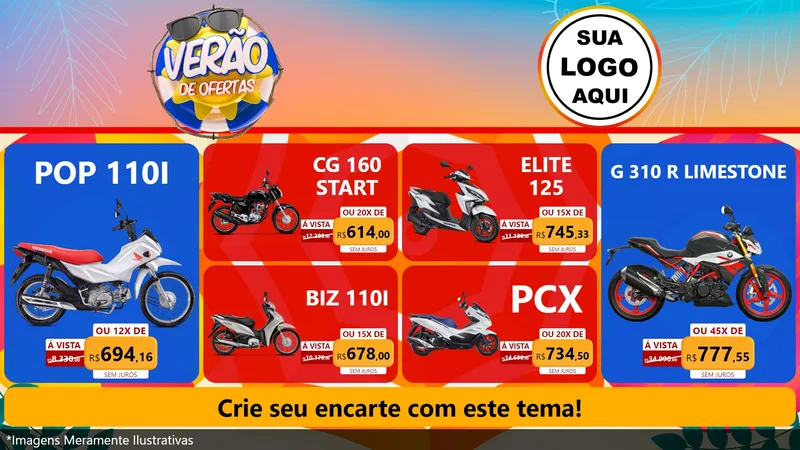 Modelo de TV para TV Horizontal com o tema Verão de Ofertas para Concessionaria de Motos