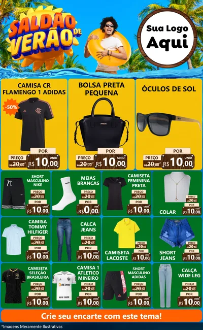Modelo de Encarte para Encarte Grande com o tema Saldão de Verão para Roupas e acessórios