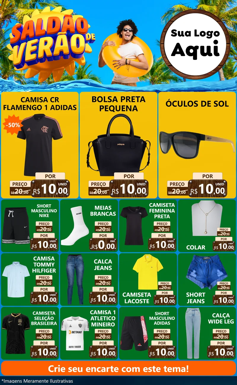 Modelo de Encarte para Encarte Grande com o tema Saldão de Verão para Roupas e acessórios