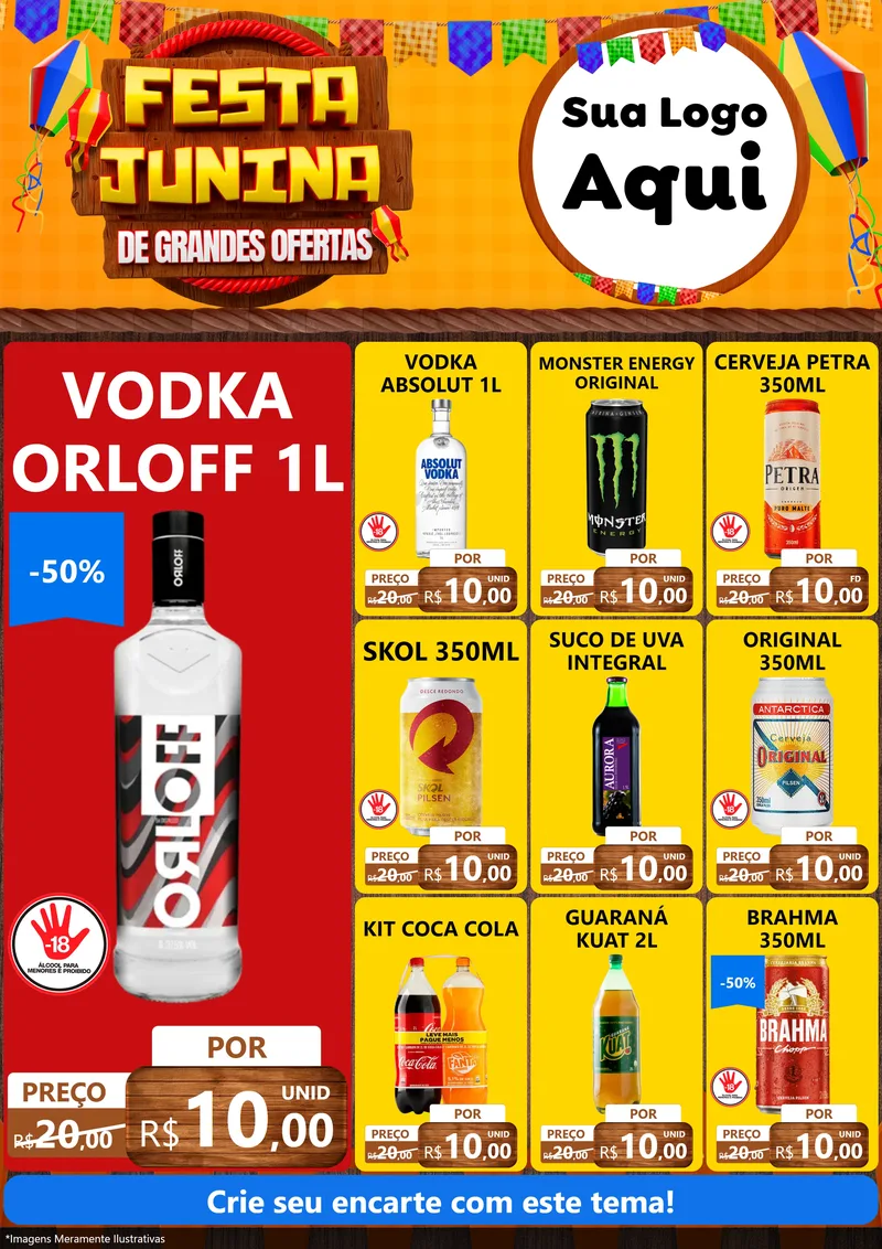 Modelo de Encarte para Encarte A4 Vertical com o tema Festa Junina de Grandes Ofertas para Distribuidora de bebidas