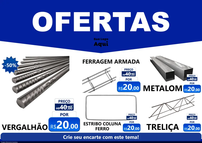 Modelo de Encarte para Encarte A4 Horizontal com o tema Ofertas Azul Cartaz para Ferragens