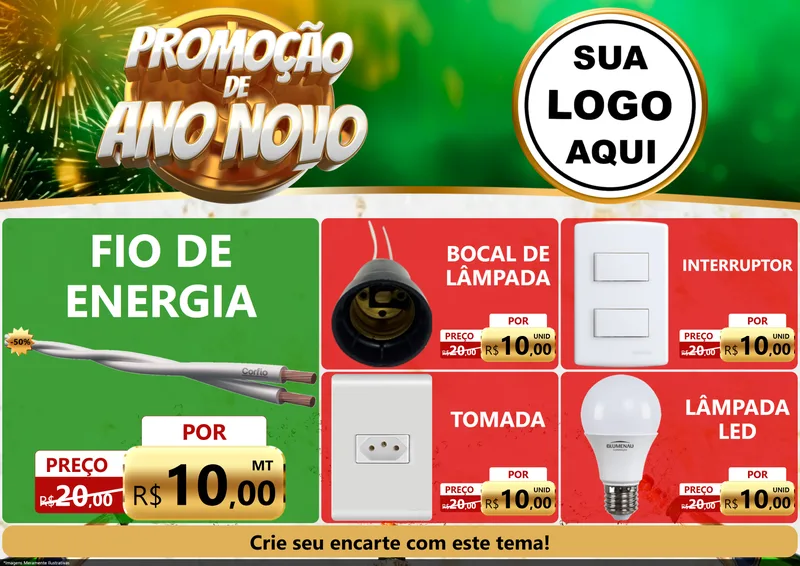 Modelo de Encarte para Encarte A4 Horizontal com o tema Promoção de Ano Novo para Materiais Elétricos