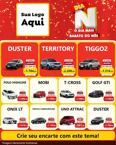 Modelo de Rede Social para Feed Instagram com o tema Dia N o Dia Mais Barato do Mês para Concessionaria de Carros