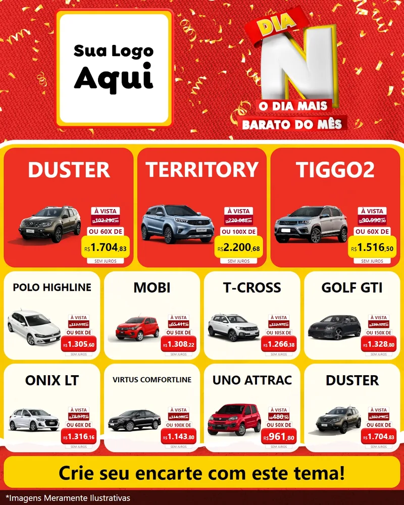 Modelo de Rede Social para Feed Instagram com o tema Dia N o Dia Mais Barato do Mês para Concessionaria de Carros