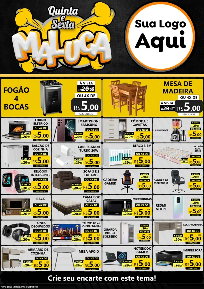 Modelo de Encarte para Encarte A4 Vertical com o tema Quinta e Sexta Maluca para Móveis e Eletro