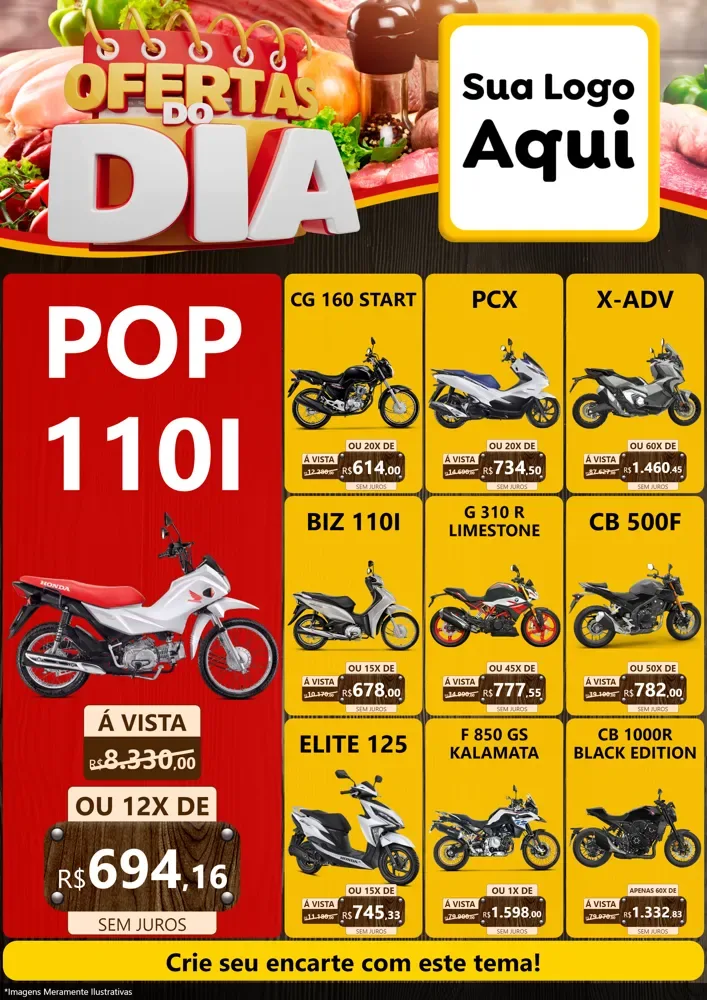 Modelo de Encarte para Encarte A4 Vertical com o tema Ofertas do Dia para Concessionaria de Motos