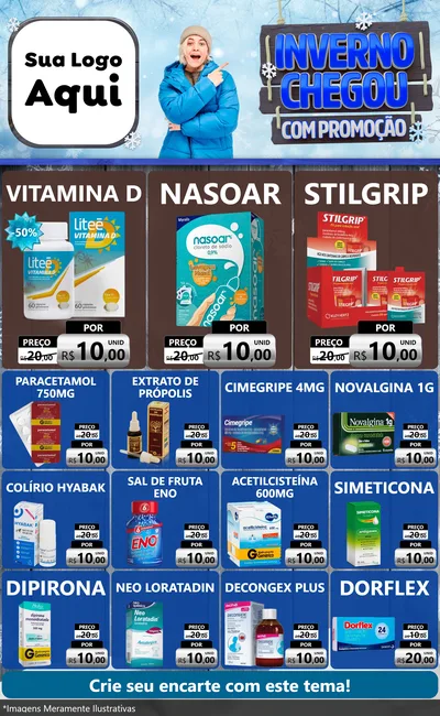 Modelo de Encarte para Encarte Grande com o tema Inverno Chegou Com Promoção para Farmácia