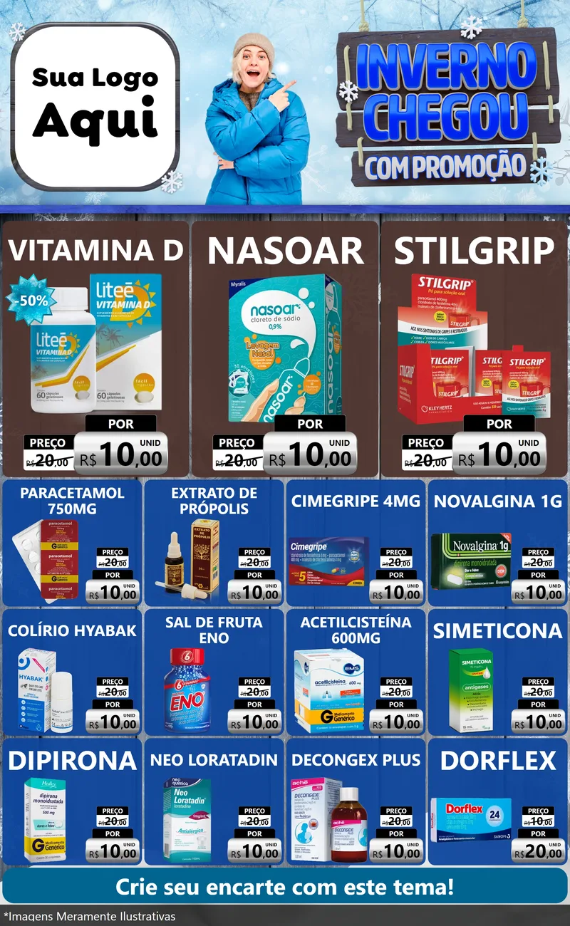 Modelo de Encarte para Encarte Grande com o tema Inverno Chegou Com Promoção para Farmácia