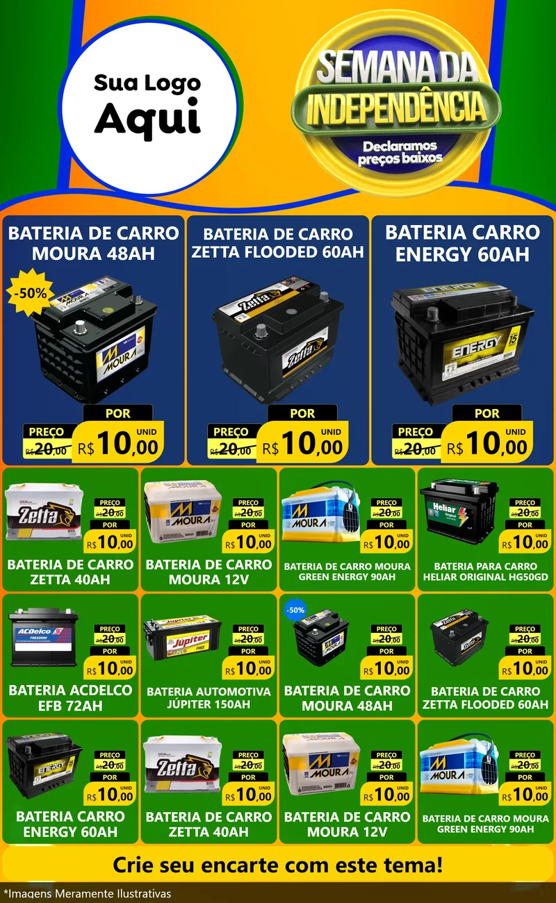 Modelo de Encarte para Encarte Grande com o tema Semana da Independência Declaramos Preços Baixos para Baterias Elétricas
