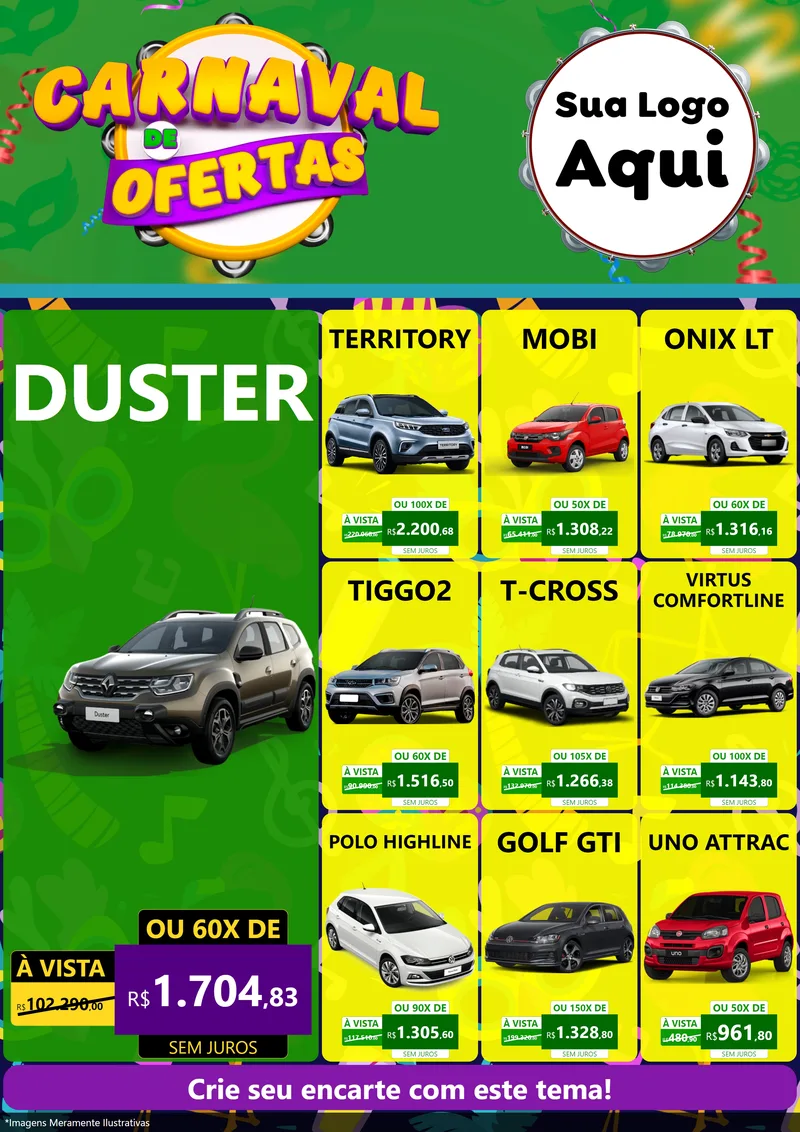 Modelo de Encarte para Encarte A4 Vertical com o tema Carnaval de Ofertas para Concessionaria de Carros