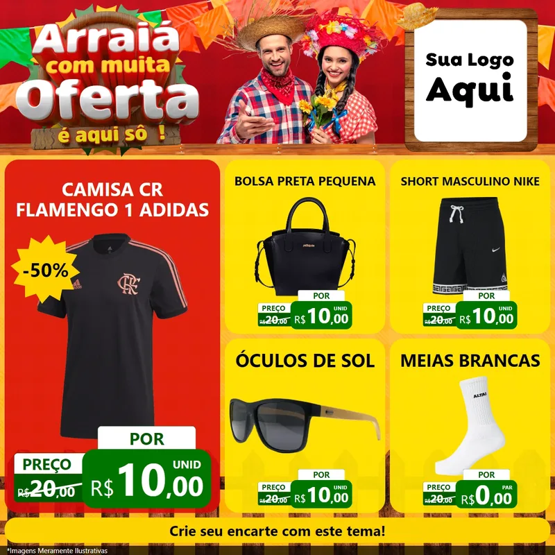 Modelo de Rede Social para Feed Facebook com o tema Arraiá Com Muita Oferta - É Aqui Sô! para Roupas e acessórios