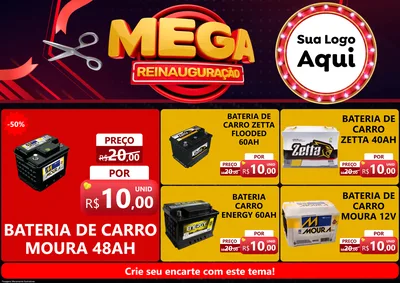 Modelo de Encarte para Encarte A4 Horizontal com o tema Mega Reinauguração para Baterias Elétricas