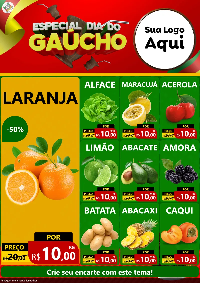 Modelo de Encarte para Encarte A4 Vertical com o tema Especial Dia do Gaúcho para Hortifrúti