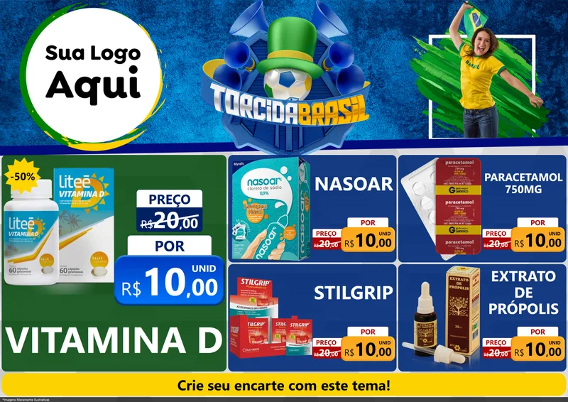 Modelo de Encarte para Encarte A4 Horizontal com o tema Torcida Brasil - Copa para Farmácia
