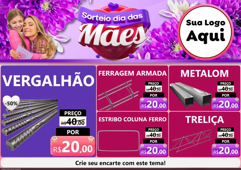 Modelo de Encarte para Encarte A4 Horizontal com o tema Sorteio Dia das Mães para Ferragens
