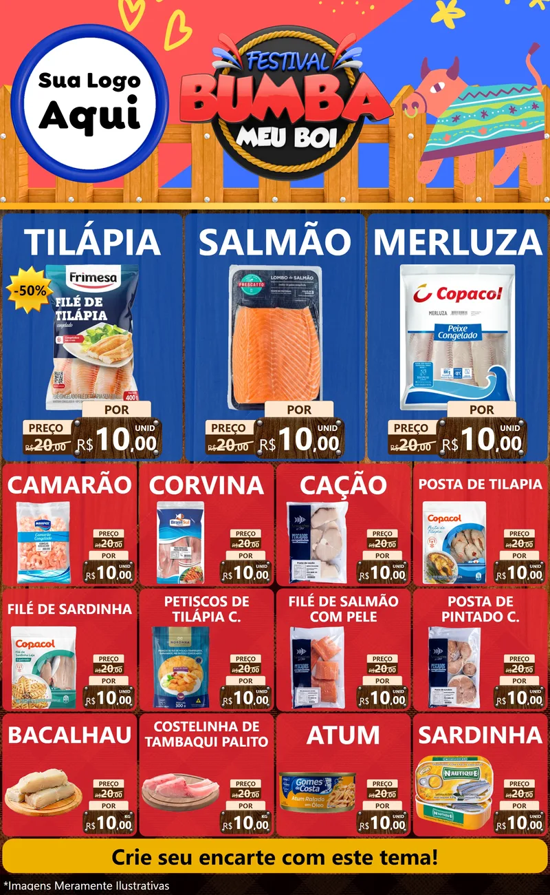 Modelo de Encarte para Encarte Grande com o tema Festival Bumba Meu Boi para Peixaria