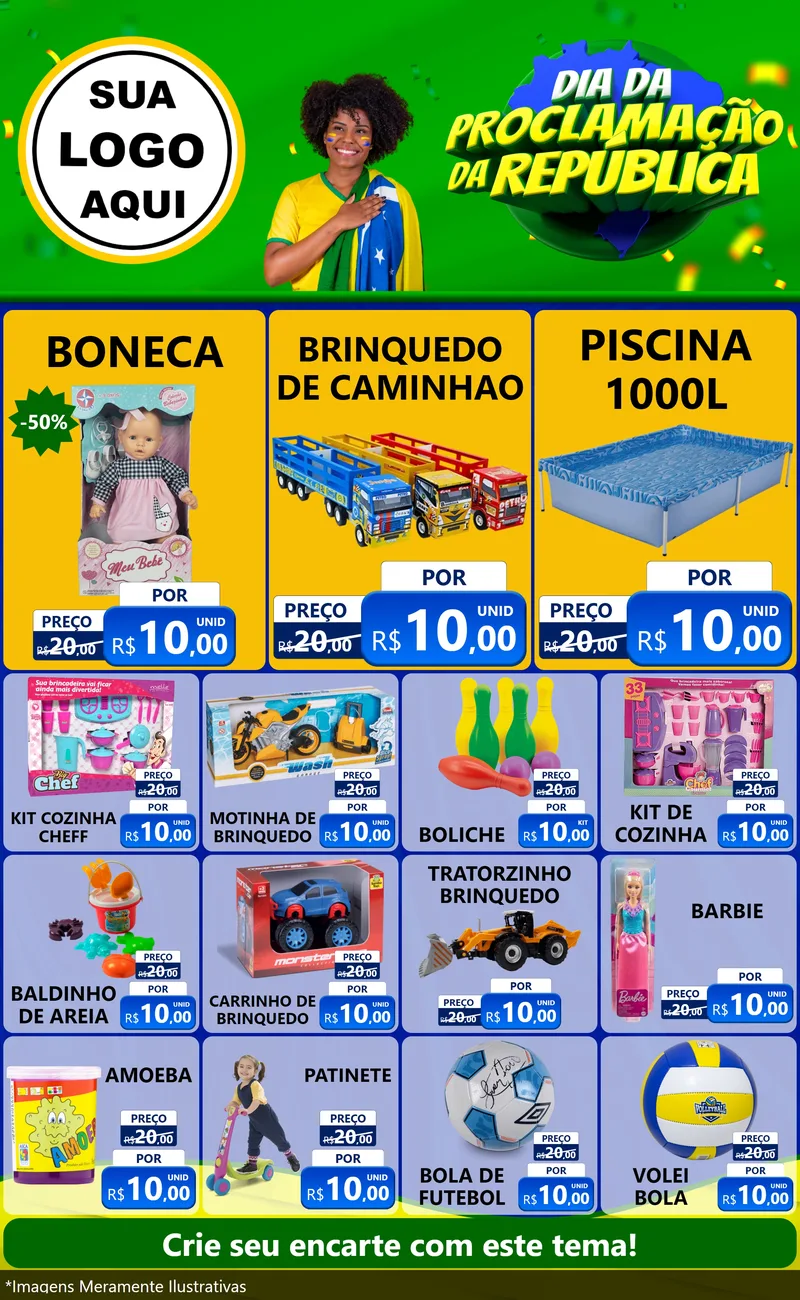 Modelo de Encarte para Encarte Grande com o tema Dia Da Proclamação Da República para Brinquedos