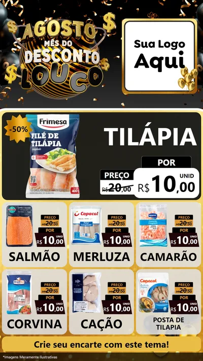 Modelo de Rede Social para Stories com o tema Agosto Mês do Desconto Louco para Peixaria