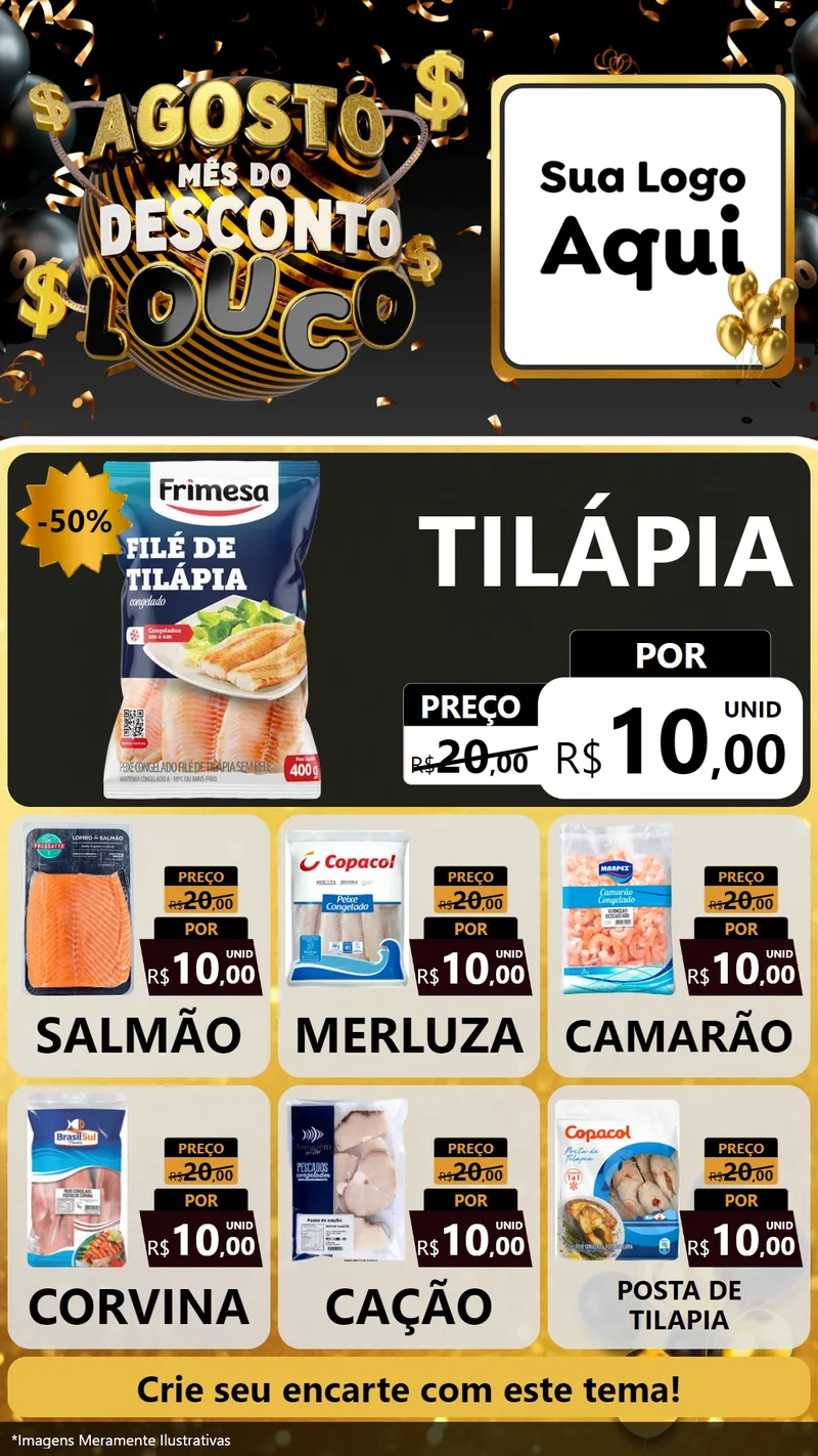 Modelo de Rede Social para Stories com o tema Agosto Mês do Desconto Louco para Peixaria