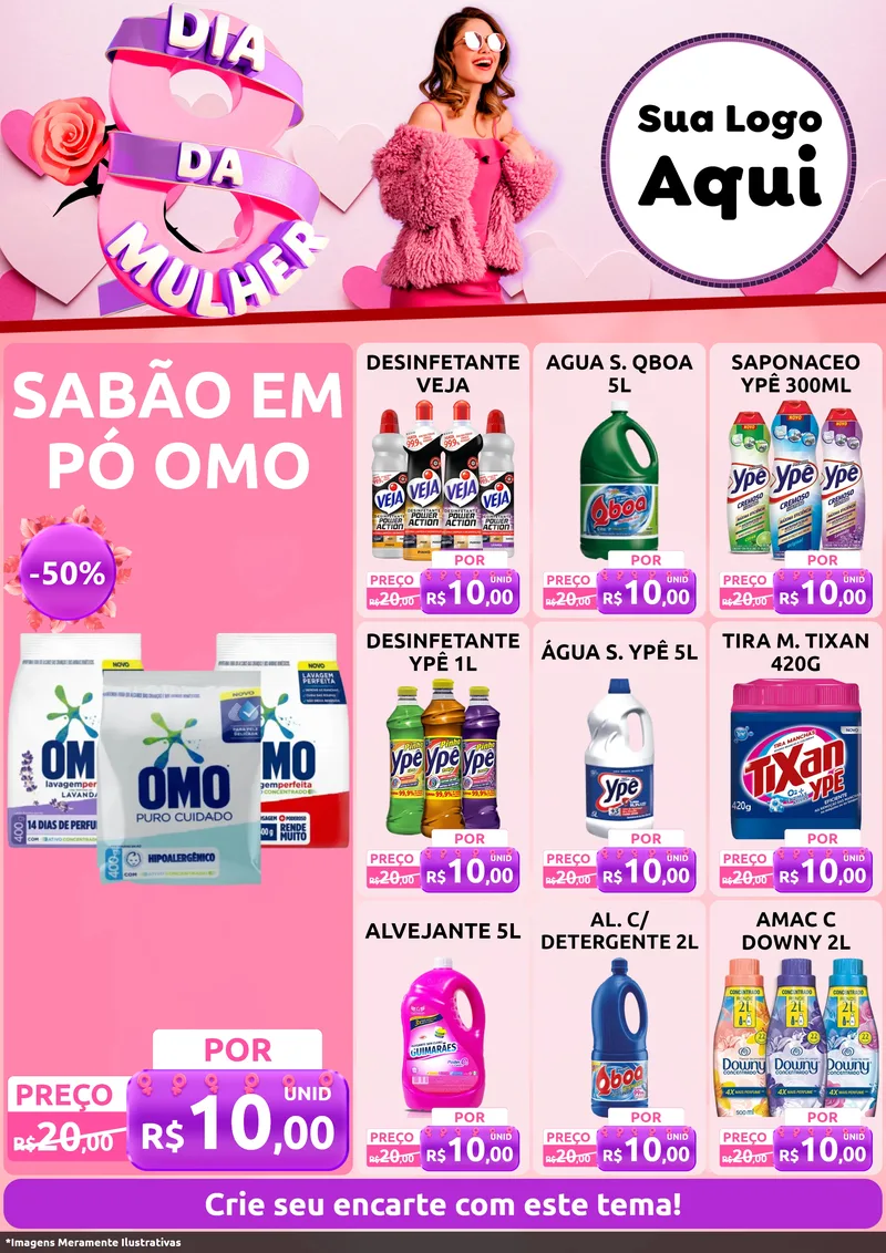 Modelo de Encarte para Encarte A4 Vertical com o tema Dia da Mulher para Produtos de Limpeza