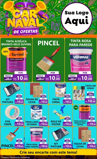 Modelo de Encarte para Encarte Grande com o tema Carnaval de Ofertas para Tintas e Ferramentas