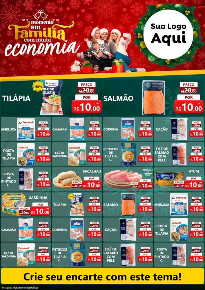 Modelo de Encarte para Encarte A4 Vertical com o tema Momento em Família (Natal) para Peixaria